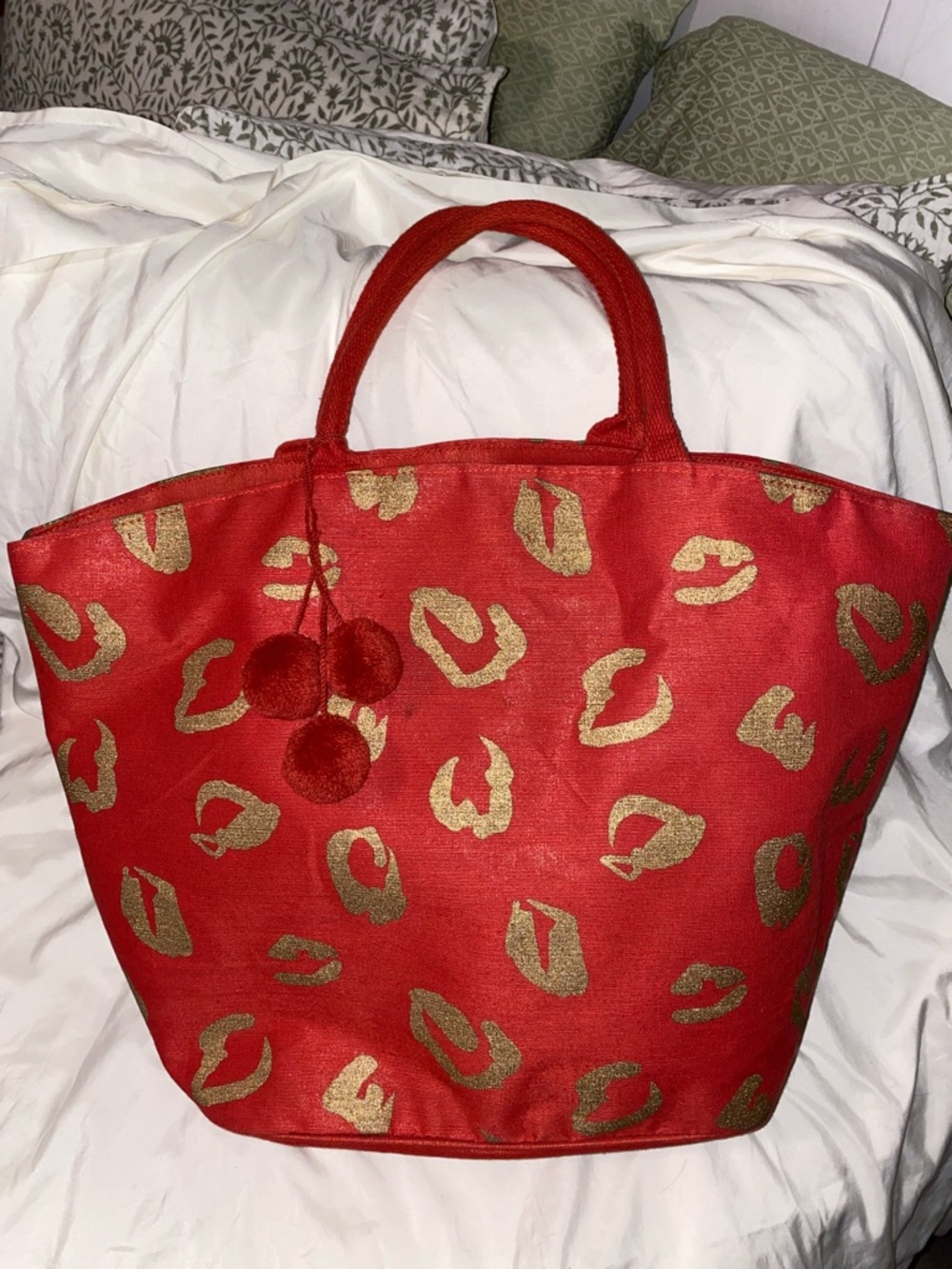Mud Pie Large Red Tote/Small Bag Combo w/ Gold Leopard Print and Pom-Pom Accents
